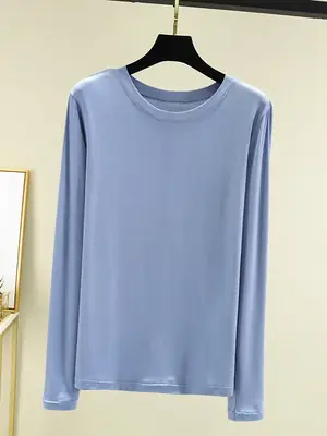 Women Grey Long Sleeve T-Shirt Slim Fit Round Neck