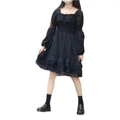 Black Lace Puff Sleeve Hepburn Dress for Women