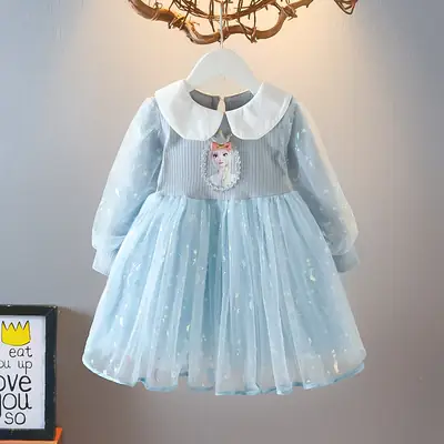 Elsa Princess Dress Blue Light 2021 Long Sleeve Puffy Veil Skirt