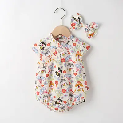 2021 Korean Style Baby Girl's Hakka Hundred Days Photo Floral Cotton Sleeveless All-in-One Climbing Wear Hair Band