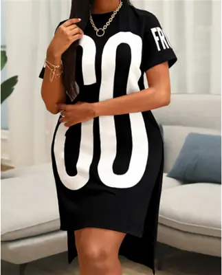 Black Split Letter Printed Women's Slim Fit T-shirt Skirt