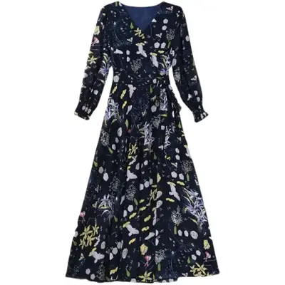 Ladies Floral Swing Skirt 2022 Spring Autumn Slim Bell Sleeve V Neck