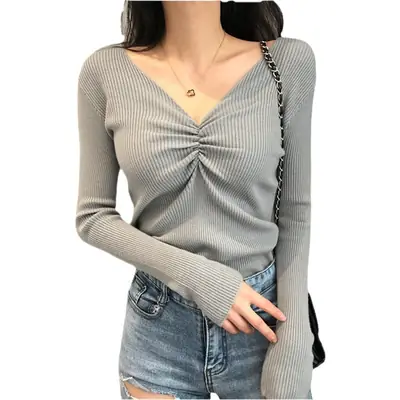 Women V-Neck Knitted Inner Top Long Sleeve Autumn Winter