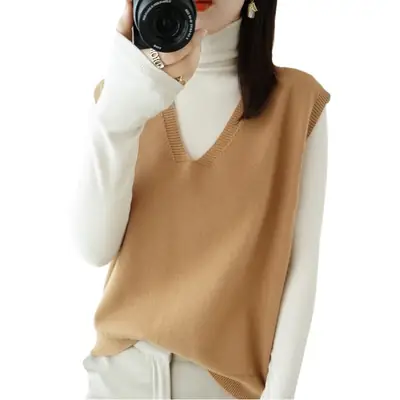 Women Wool Knitted Sleeveless Vest Tan Korean Style