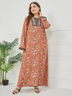 Plus Size Women's Embroidered Printed Long Sleeve Kurti