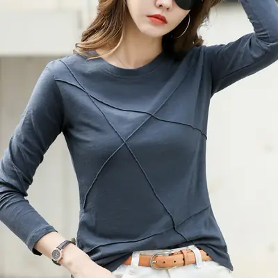 Women Slub Cotton Long Sleeve T-Shirt Grey Spring Autumn