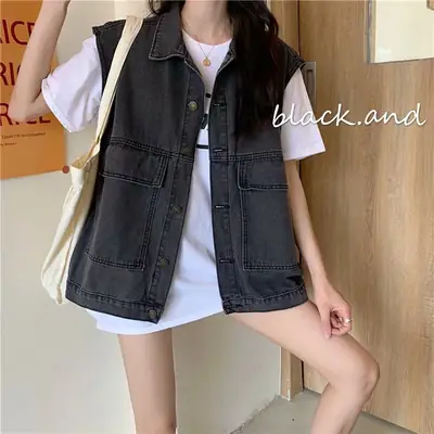 Women Denim Vest Sleeveless Waistcoat Blue Loose Fit