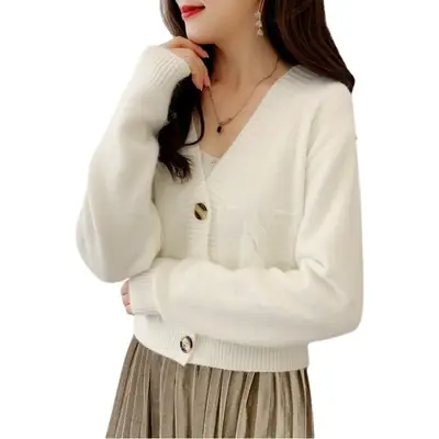 Women's White Slim Knit Cardigan 2025 Spring Fall