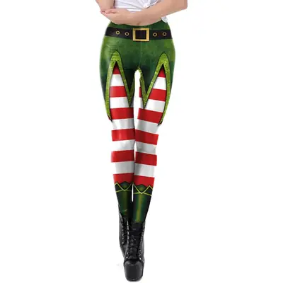 2024 Christmas Printed Elastic Pencil Pants Green Red Stripes