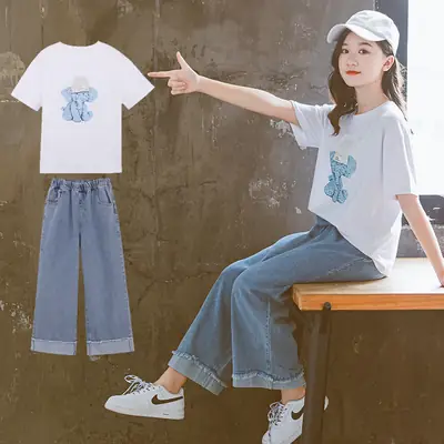 Girls Cotton T-Shirt & Denim Shorts Set White Blue 2025
