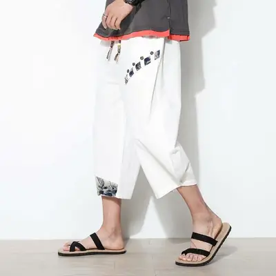 2023 Men's Blue Wide Leg Capri Pants Casual Summer