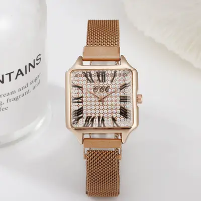 Luxury Rose Gold Women's Quartz Watch with Diamond Dial