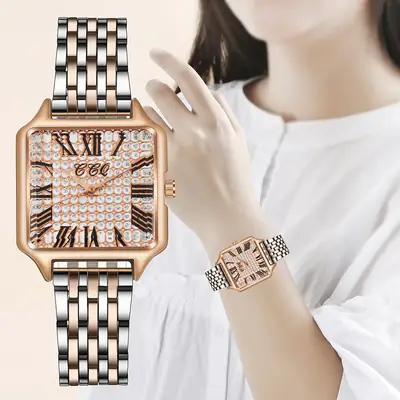 New Quartz Women's Watch Rose Gold Square Dial Roman Numeral Band