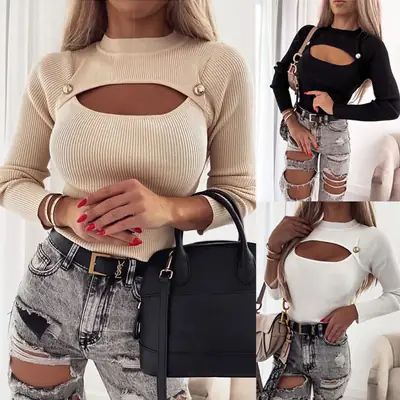 Women's White Ribbed Cutout Top with Button Front & Long Sleeves