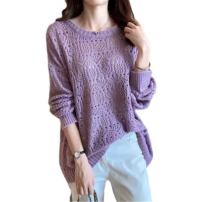 Women's Purple Hollow Knit Long Sleeve Blouse