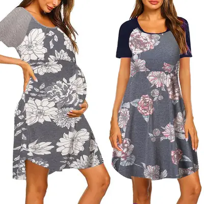 Maternity Floral Nightgown Grey Blue Round Neck