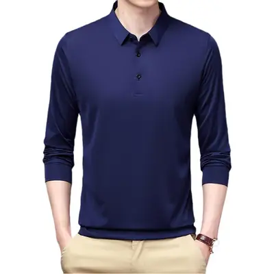 Men's Black Long Sleeve Polo T-Shirt Solid Color