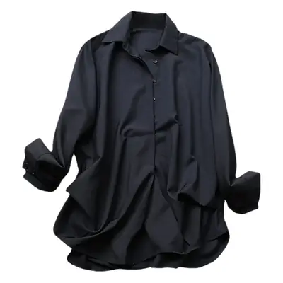 Women Korean 2025 Long Sleeve Black Shirt Anti-Wrinkle Draped