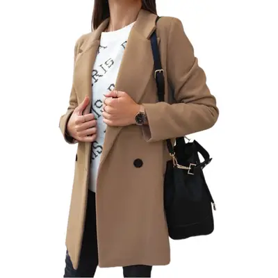Women Winter Tweed Coat Maroon Long Sleeve Double Button