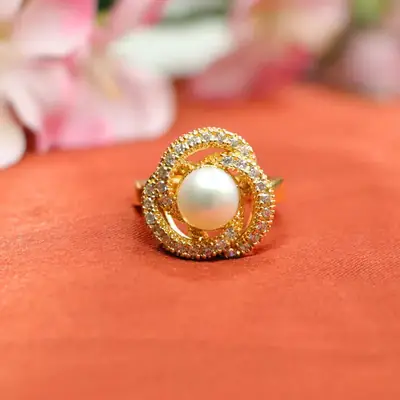 Adjustable Pearl Ring with Crystal Set for Women