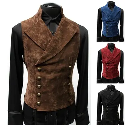 2024 Men Suede Double-Breasted Vest Suit Red Black