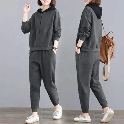 Women Hooded Sweatpants Set Black Large Spring Autumn