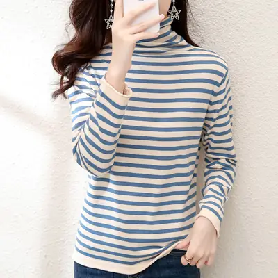 Women Striped Turtleneck Sweater Autumn Winter Loose Thickened Knit