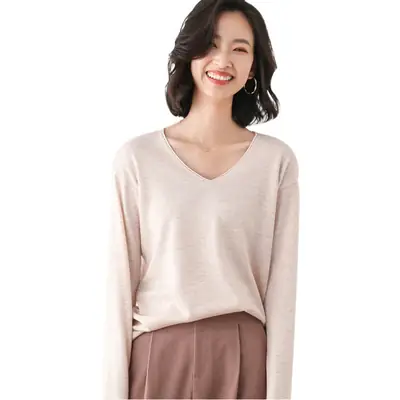 Women Polyester Pullover Long Sleeve Black V Neck