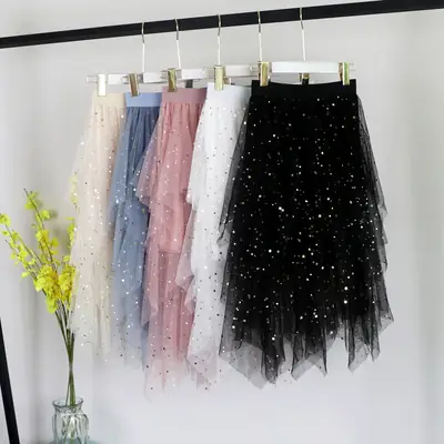 Pink Sequin Starry Sky Mesh Skirt Women's 2025 Spring