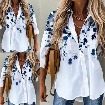 Women's 3D Printed Lapel Shirt White Blue Floral