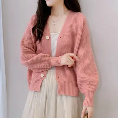 Women's Knitted Cardigan Sweater Beige Loose Fit Winter Jacket