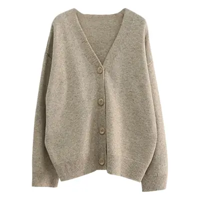 Women Grey Knitted V-Neck Cardigan Jacket 2024