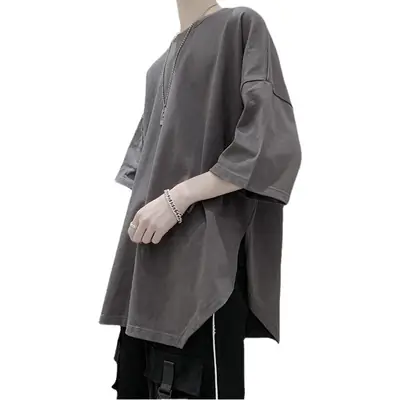 Men Korean Style Slit T-Shirt Grey Loose Fit
