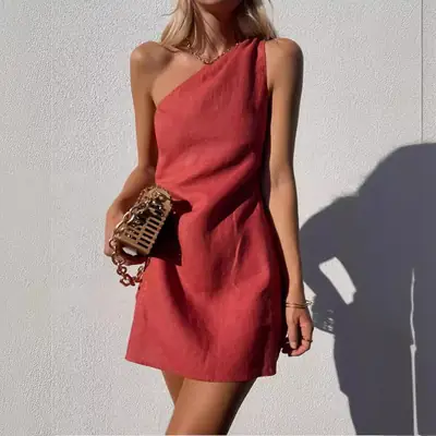 One Shoulder One Piece Dress Blue Slim Fit