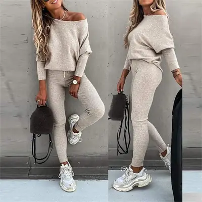 Women Casual Lace-Up One-Shoulder Pants Set Brown