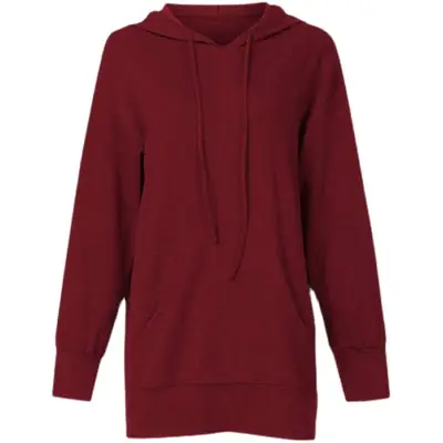 Women's Maroon Long Hooded Sweatshirt Dress with Front Pocket