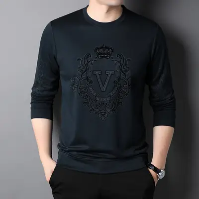 Men's 2024 T-Shirt Dark Blue Round Neck Long Sleeve