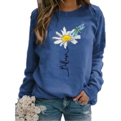 Green Daisy Printed Sweatshirt for Women Long Sleeve