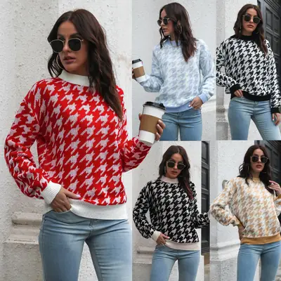 Houndstooth Pattern Knit Sweater Red White Women