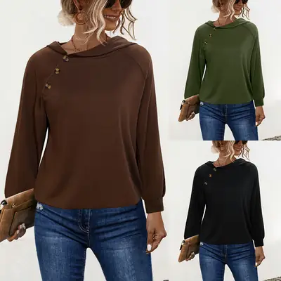 Women Black Buckle Hooded Sweatshirt Long Sleeve