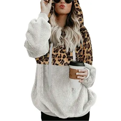 Women Plush Leopard Zipper Sweater Winter Top