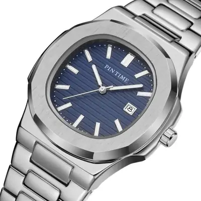 Gold Men's Watch with Blue Dial & Steel Band