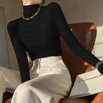 Women Black Long Sleeve Turtleneck Top with White Pants