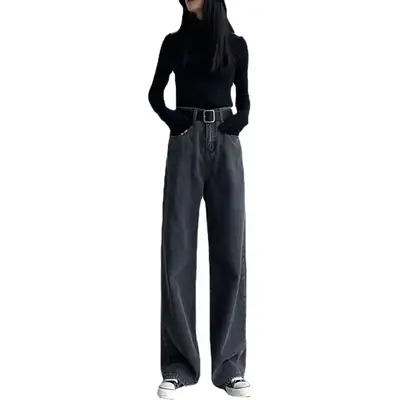 Black Grey Wide Leg High Waist Trousers for Women