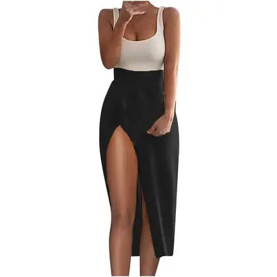 High Waist Slim Split Dress Black White Polyester