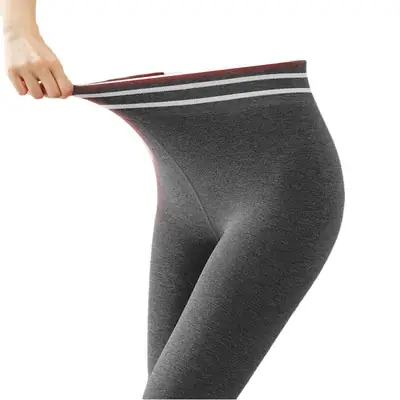 Women Thick Fleece Leggings Striped Waistband Black
