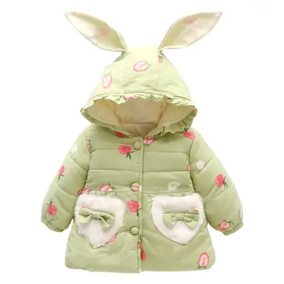Winter Girls Cotton Hooded Coat Strawberry Print Rabbit Ear Hood