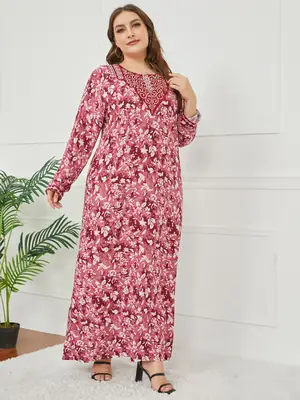 Plus Size Embroidered Printed Long Sleeve Dress