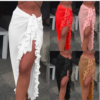 Red Ruffled Chiffon Beach Skirt for Women