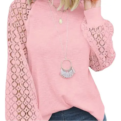 Women's Maroon Lace Long Sleeve Top with Round Neck